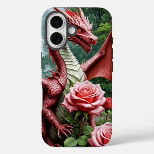 Pour iPhone 16 Red Dragon iPhone16 Coque avec Rose Garden Design