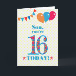 Pour la carte Son 16th Birthday Bunting Balloons<br><div class="desc">Carte d'anniversaire colorée pour un fils de 16 ans, Le grand numéro 16 est rempli d'un motif orange, rouge et bleu, surligné de bleu vif. Il y a des ballons et du bunting en haut, dans des couleurs assorties et l'accueil à la couverture est : "Mon fils, tu as 16...</div>