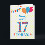 Pour la carte Son 17th Birthday Bunting and Balloo<br><div class="desc">Carte d'anniversaire colorée pour un fils de 17 ans, Le grand numéro 17 est rempli d'un motif orange, rouge et bleu, surligné de bleu vif. Il y a des ballons et du bunting en haut, dans des couleurs assorties et l'accueil à la couverture est : "Mon fils, tu as 17...</div>