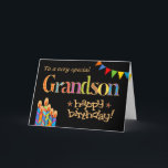 Pour Les Bougies Chic Grandson, Carte D'Anniversai<br><div class="desc">Une carte d'anniversaire brillante et colorée pour un petit-fils de n'importe quel âge, avec bougies de gâteau d'anniversaire, Bunting et Stars et le mot, "petit-fils" en lettres à motifs, souligné en effet or (pas d'encre métallique) et Joyeux anniversaire, également en effet or, le tout sur un arrière - plan noir....</div>