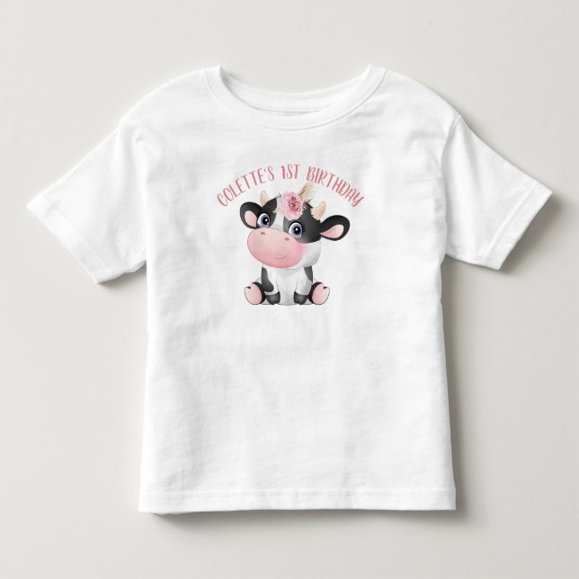 Pour Les Tous Petits Boho Floral Cute Cow First Birthday Baby T-shirt (Devant)