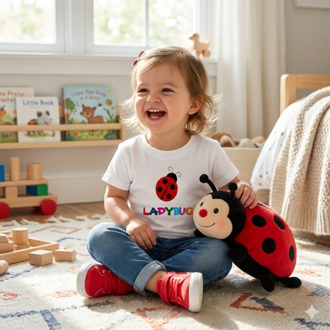 Pour Les Tous Petits Jolie Ladybug Summer Fun Toddler T-Shirt (Happy toddler girl wearing cute ladybug t-shirt.)