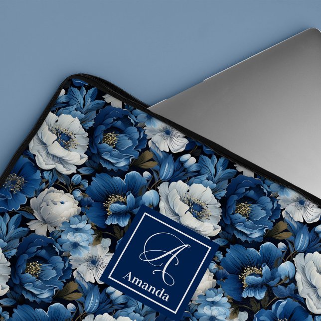 Pour Ordinateur Portable Fleurs Bleues Modernes Housse d'Ordinateur Élégant (Modern Blue Flowers Elegant Floral Laptop Sleeve Case)