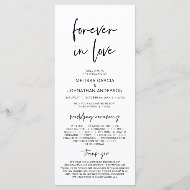 Pour toujours amoureux, programme de mariage minim (Devant)