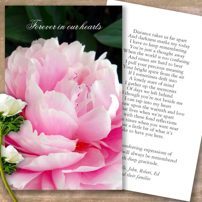 Pour toujours dans nos coeurs Peony Prière Cartes  (Forever in our hearts, celebration of life, in loving memory of, prayer cards for bereavement)