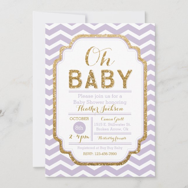 Pourpre et invitation de baby shower de fille d'or (Devant)
