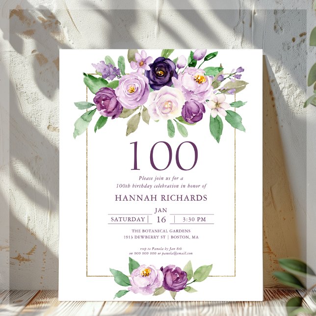 Pourpre | Violet Floral 100e anniversaire Invitati (Créateur téléchargé)