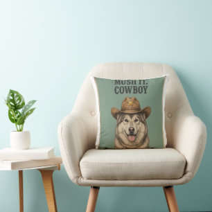 « Pousse-le, Cowboy » Coussin Husky avec chapeau d