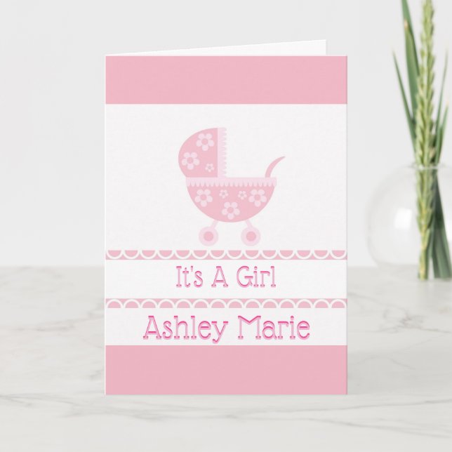 Poussette rose Et Blanc Faire-part de naissance (Devant)