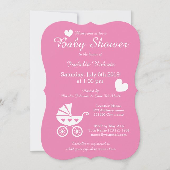 Poussette rose invitation bébé douche fille (Devant)