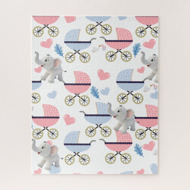Poussette Stork Rose & Bleu Éléphant Puzzles  (Vertical)