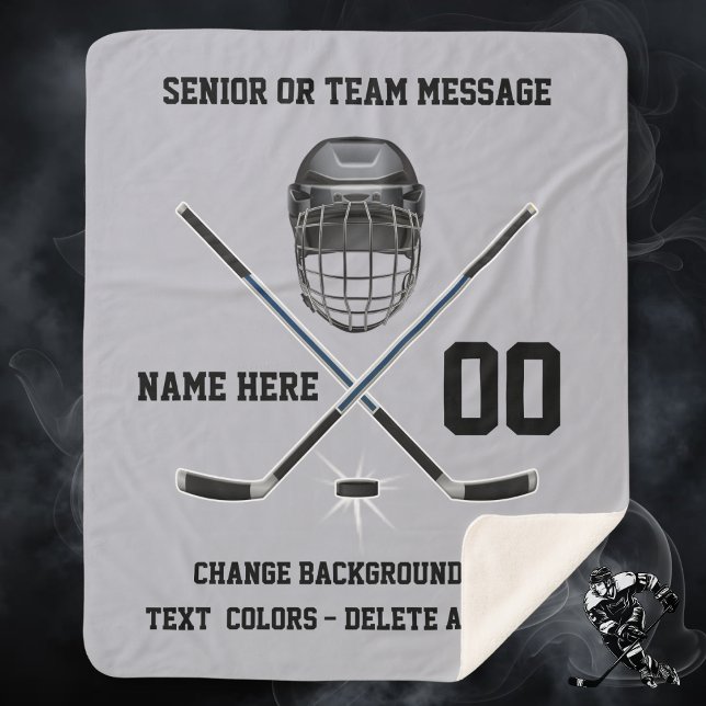 Poussez les couvertures personnalisées Sherpa HOCK (Senior night hockey ideas. Gray and Black, Hockey gifts for players. Hockey Christmas gift ideas.)