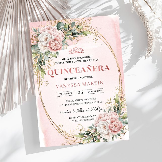 Poussière Chic Invitations Florales Eucalyptus Ros (Chic Dusty Pink Floral Eucalyptus Quince Invitation)