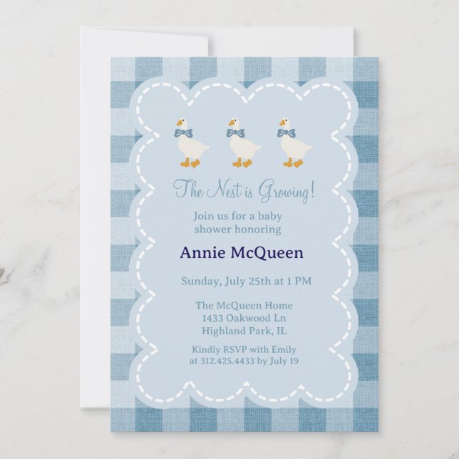 Powder Blue Gingham Goose Baby Shower Invitation (Devant)