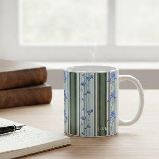 Powder Blue Teal Striped Floral Mug