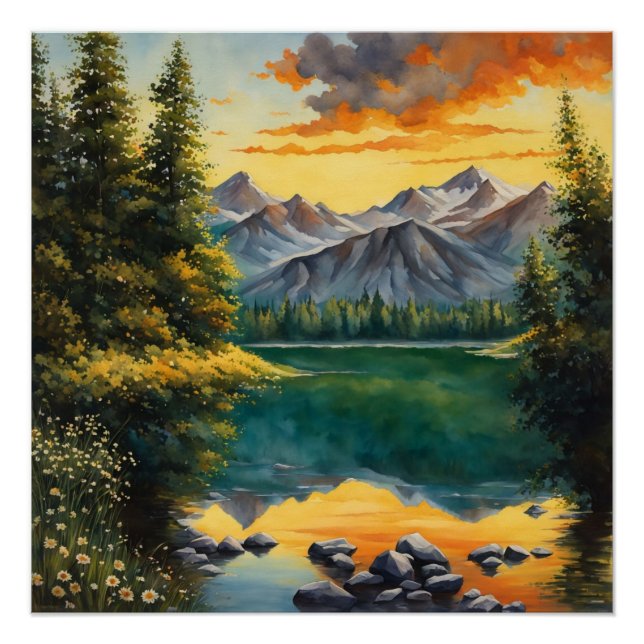 prairie remplie de fleurs blanches Poster brillant (Devant)