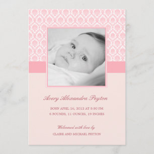 Précieux Damask Baby Girl Faire-part de naissance