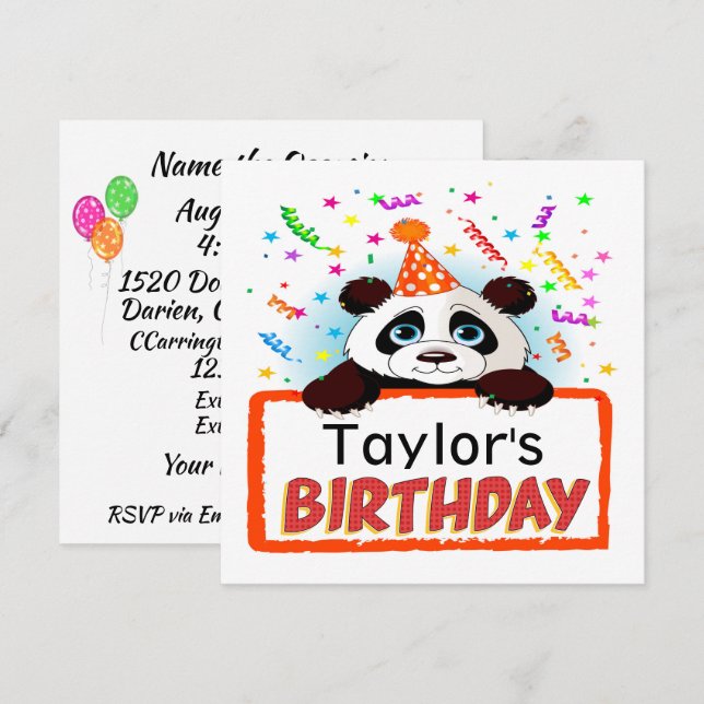 Précieux Panda Invitation Anniversaire (Devant / Derrière)