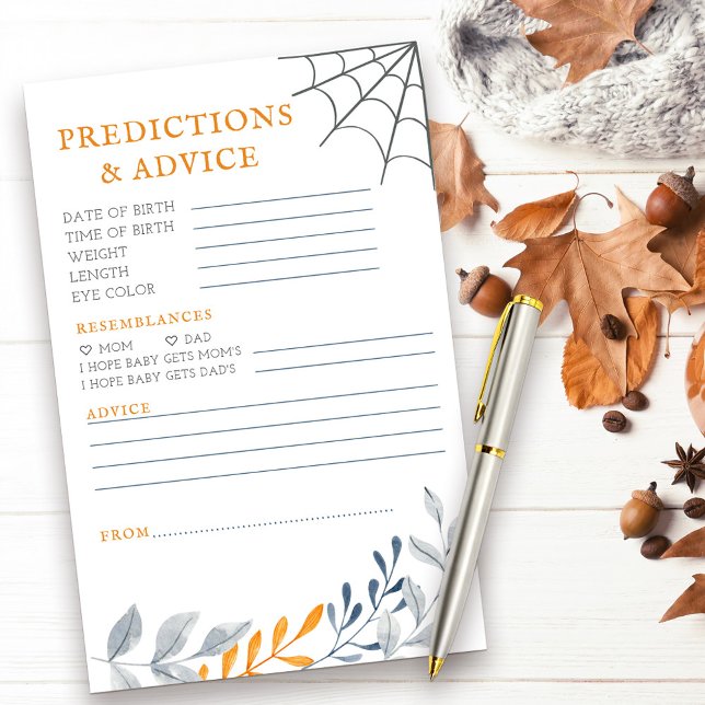 Prédictions Conseil Halloween Activité Baby shower (Predictions & Advice halloween themed baby shower activity with fall leaves and cobweb)