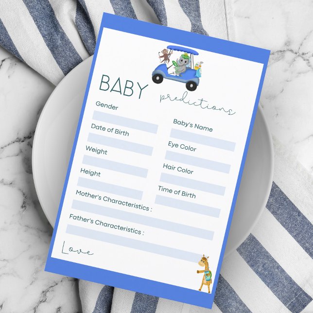Prédictions de bébé Éléphant & Singe Golf Shower (Great Baby Prediction game designed with the golfing Elephant, Monkey and Giraffe. )