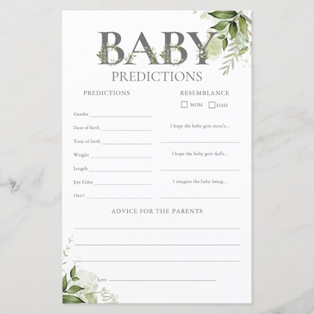 Prédictions de bébé Verdure Jeu de baby shower (Devant)