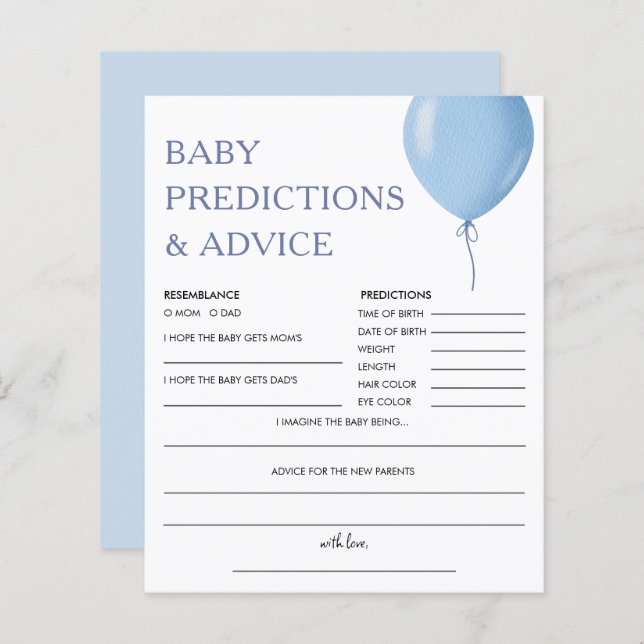 Prédictions des bébés | Baby shower Bleu Balloon B (Devant / Derrière)