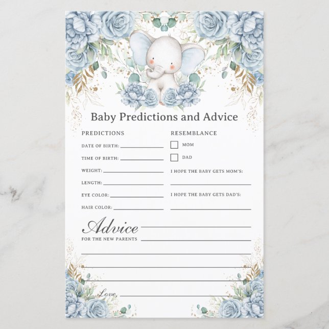 Prédictions et conseils pour Baby Shower d'éléphan (Devant)