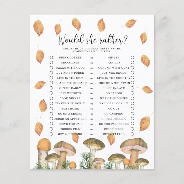 Préférerait-Elle - Jeu de Baby Shower Champignons  (Devant)