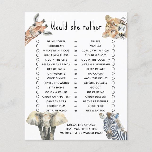 Préférerait-elle - jeu de baby shower safari (Devant)