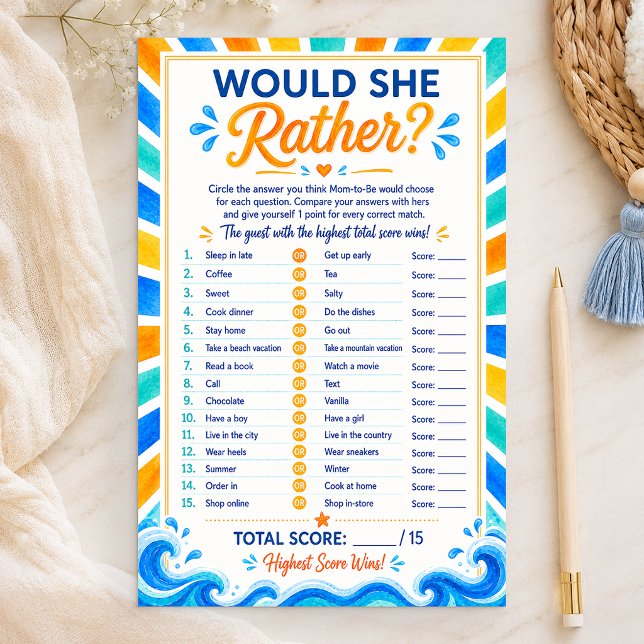 Préférerait-Elle ? Voici le jeu de douche pour l'a (Sunshine Baby Shower Game Card)