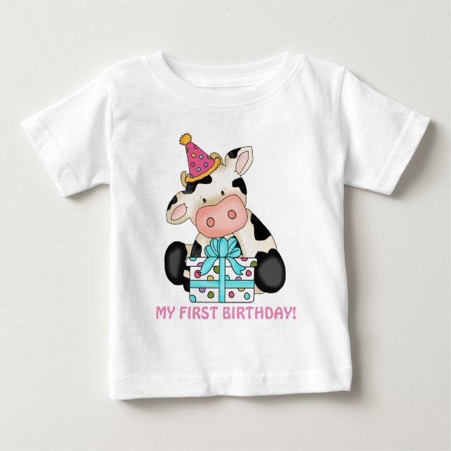 Premier anniversaire fille vache bébé t-shirt (Devant)