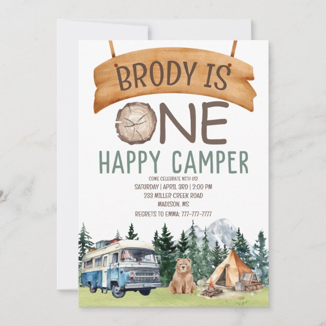 PREMIER Anniversaire Happy Camper Invitation (Devant)