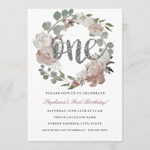 Premier anniversaire Pink Silver Floral Invitation
