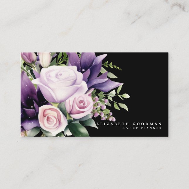 Premier Cartes de visite floraux violets noirs (Devant)