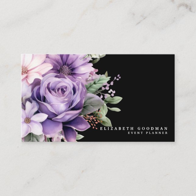 Premier Cartes de visite floraux violets noirs (Devant)
