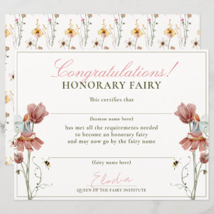 Premier certificat floral Vintage honoraire Fairy