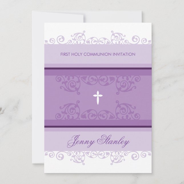 PREMIER COMMUNION INVITATIONS jolies boucles viole (Devant)