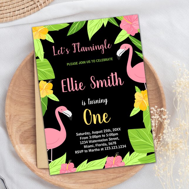 Premier Flamant rose vert noir Invitations d'anniv (First Black Green Flamingo Birthday Invitations)