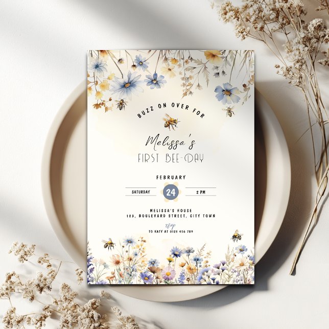 Premier jour de l'abeille - Invitation au 1er anni (First bee-day birthday invitation with flowers and bee's.)