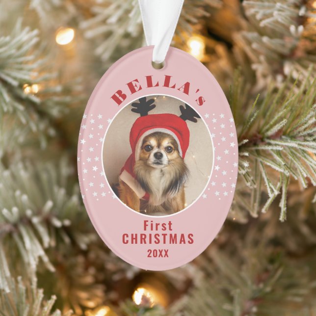 Premier Noël Chien Photo Étoiles Rose Pâle  (Arbre)