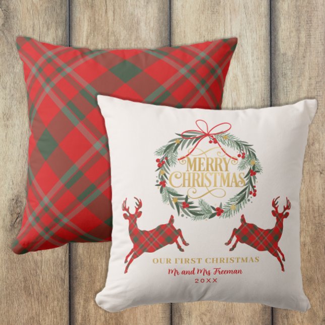 Premier Noël Coussin Rouge à Carreaux Monsieur & M (Christmas Keepsake Throw Pillow)