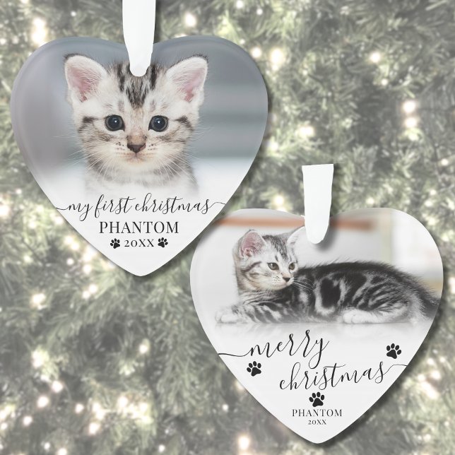 Premier Noël d'Animal Familier Photo de Chat en Fo (Pet First Christmas Script Cat Photo Heart Ornament )