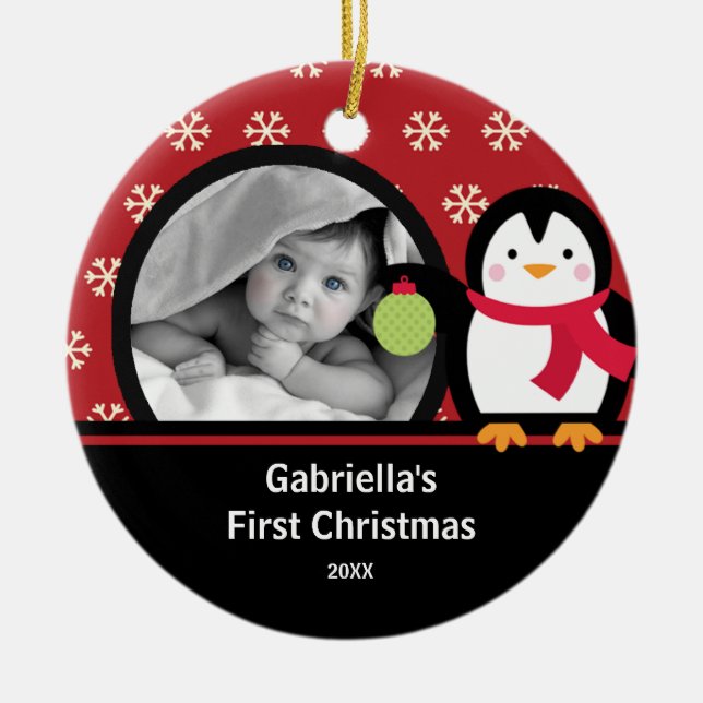 Premier Noël de bébé Photo Ornement Pingouin (Devant)