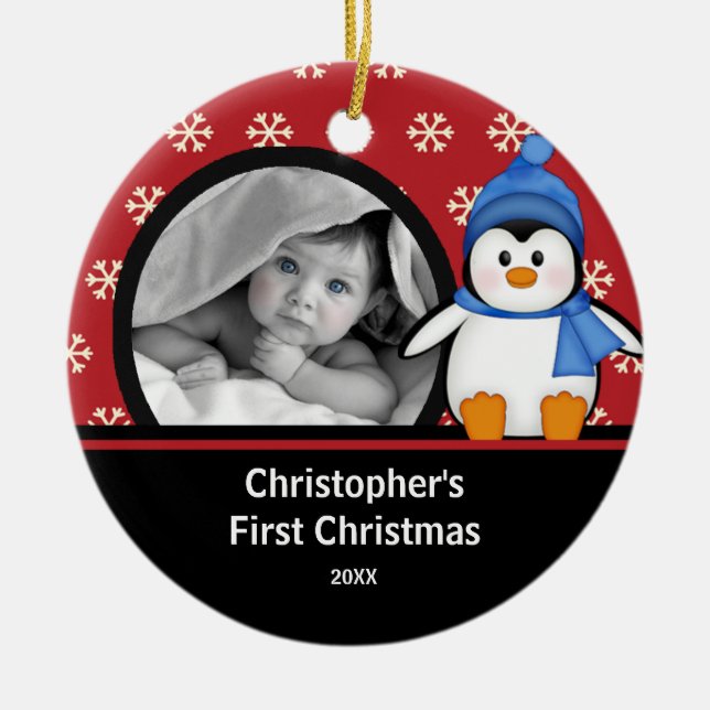 Premier Noël de bébé Photo Ornement Pingouin (Devant)