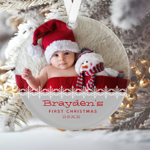 Premier Noël de bébé photo personnalisée gris roug