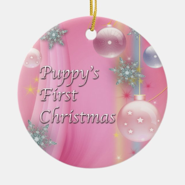 Premier Noël de chiot rose Ornement d'arbre de chi (Devant)