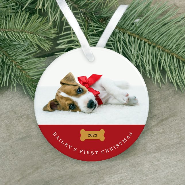 Premier Noël de votre chien | Rouge avec deux phot (This cute, red holiday ornament features two photos of your dog and is the perfect puppy keepsake)