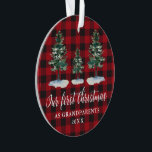 Premier Noël Grand-parents Pine Plaid PHOTO RETOUR<br><div class="desc">Script de calligraphie moderne,  Aquarelle Pine Arbres,  Vert Notre premier Noël en tant que Grand-Parents Ornement - Rouge Buffalo Plaid,  Photo Retour</div>