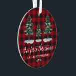 Premier Noël Grand-parents Pine Plaid PHOTO RETOUR<br><div class="desc">Script de calligraphie moderne,  Aquarelle Pine Arbres,  Vert Notre premier Noël en tant que Grand-Parents Ornement - Rouge Buffalo Plaid,  Photo Retour</div>