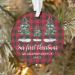 Premier Noël Grands-parents Pins Rouge Plaid<br><div class="desc">Script de calligraphie moderne,  Aquarelle Pine Arbres,  Vert Notre premier Noël en tant que Grand-Parents Ornement - Rouge Buffalo Plaid</div>